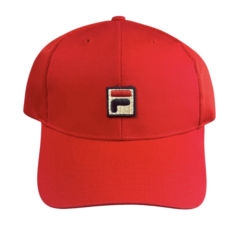 FILA Mens OSFM Red Trucker Hat Mesh Snapback F Box Logo FF HT14087AQAM NWT